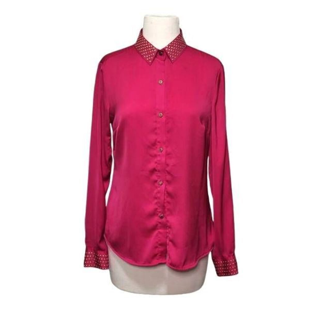 NEW YORK & COMPANY Blouse Womens Sz Small Hot Pink Gold Studded Accent Long Slee